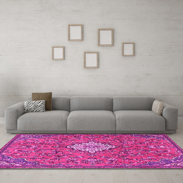 Machine Washable Persian Pink Traditional Rug in a Living Room, wshtr4527pnk