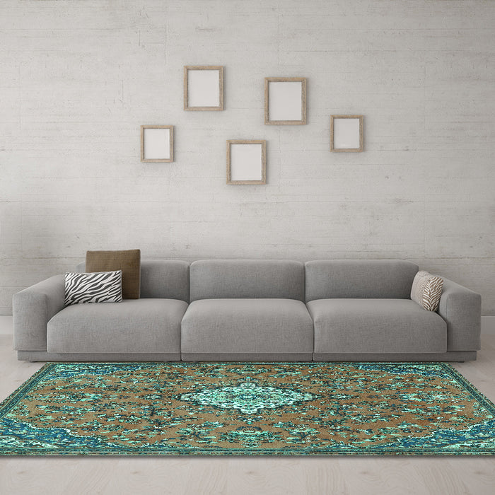 Machine Washable Persian Turquoise Traditional Area Rugs in a Living Room,, wshtr4527turq