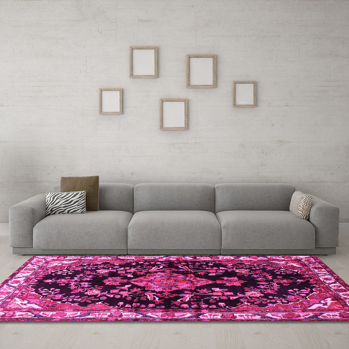 Machine Washable Persian Pink Traditional Rug in a Living Room, wshtr452pnk