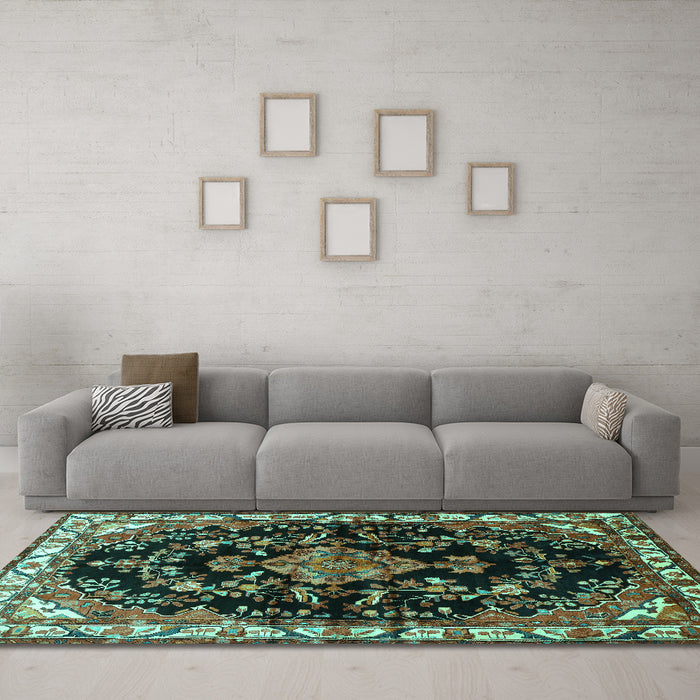 Machine Washable Persian Turquoise Traditional Area Rugs in a Living Room,, wshtr452turq