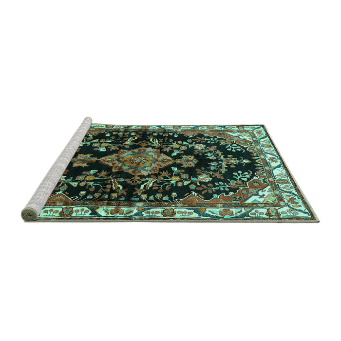 Sideview of Machine Washable Persian Turquoise Traditional Area Rugs, wshtr452turq