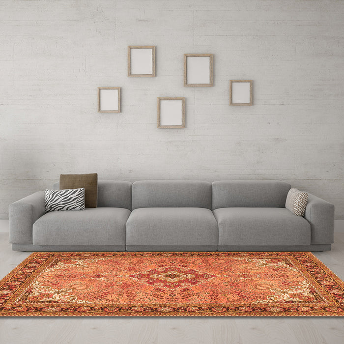 Machine Washable Medallion Orange Traditional Area Rugs in a Living Room, wshtr4530org