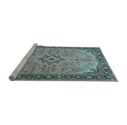 Sideview of Machine Washable Medallion Light Blue Traditional Rug, wshtr4530lblu