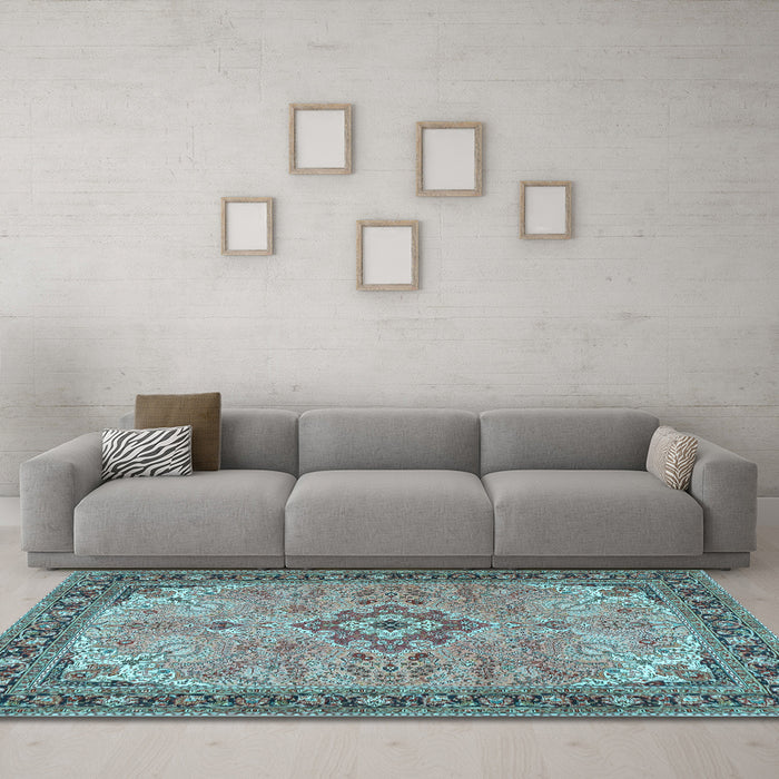 Machine Washable Medallion Light Blue Traditional Rug in a Living Room, wshtr4530lblu