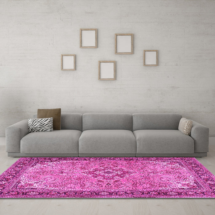 Machine Washable Medallion Pink Traditional Rug in a Living Room, wshtr4530pnk