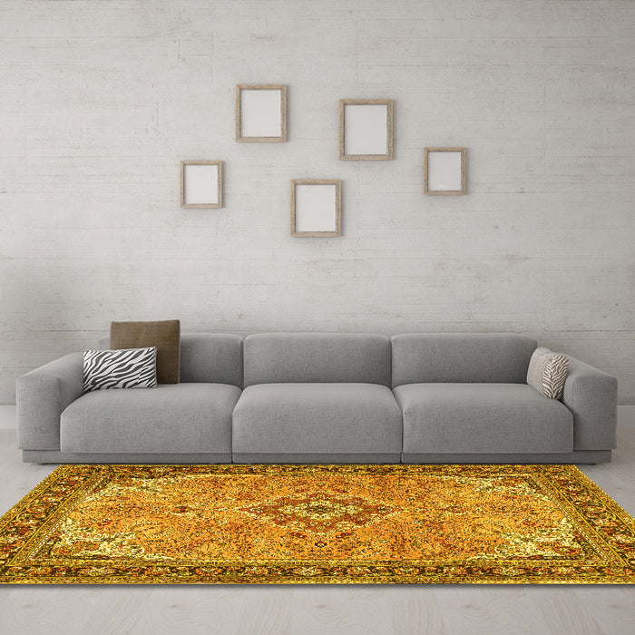Machine Washable Medallion Yellow Traditional Rug in a Living Room, wshtr4530yw
