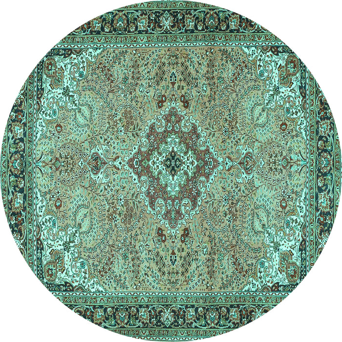 Round Machine Washable Medallion Turquoise Traditional Area Rugs, wshtr4530turq