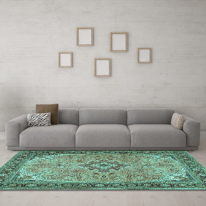 Machine Washable Medallion Turquoise Traditional Area Rugs in a Living Room,, wshtr4530turq