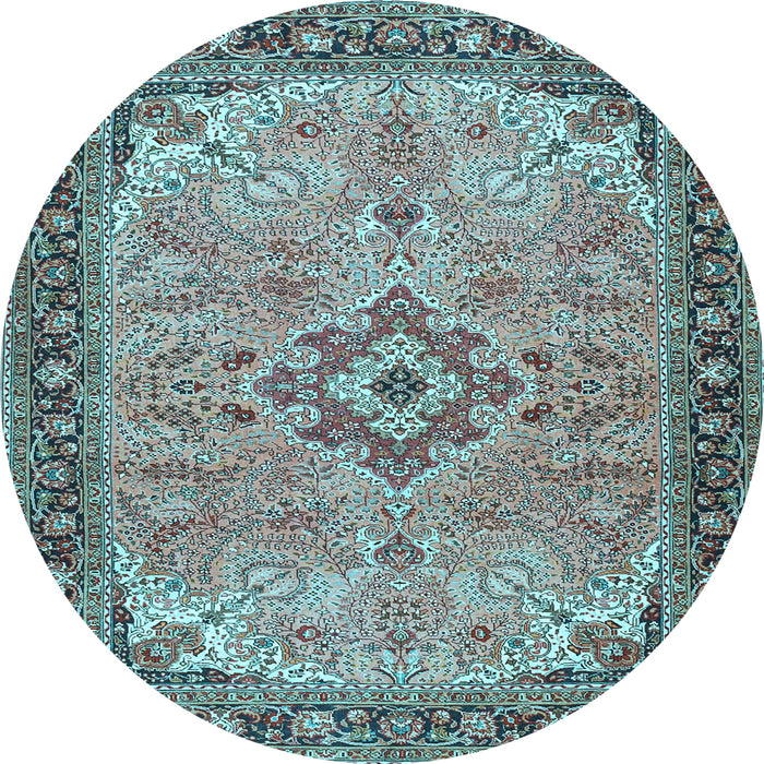 Round Machine Washable Medallion Light Blue Traditional Rug, wshtr4530lblu