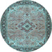 Round Machine Washable Medallion Light Blue Traditional Rug, wshtr4530lblu