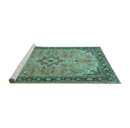 Sideview of Machine Washable Medallion Turquoise Traditional Area Rugs, wshtr4530turq