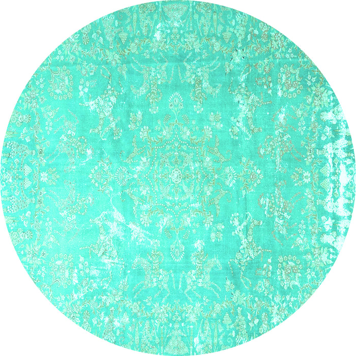 Round Machine Washable Oriental Turquoise Traditional Area Rugs, wshtr4531turq