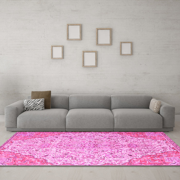 Machine Washable Persian Pink Traditional Rug in a Living Room, wshtr4534pnk