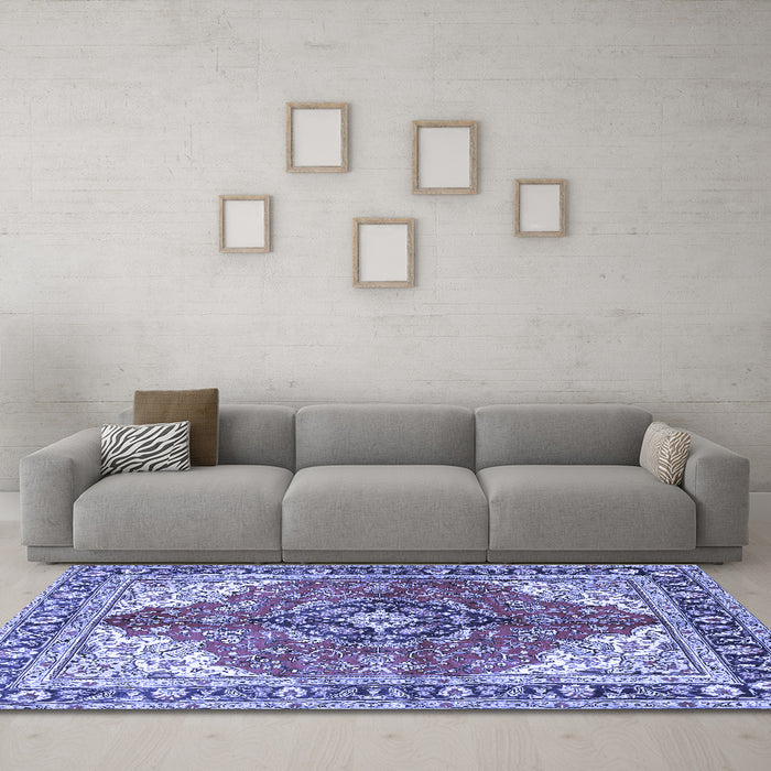 Machine Washable Medallion Blue Traditional Rug in a Living Room, wshtr4535blu