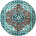 Round Machine Washable Medallion Light Blue Traditional Rug, wshtr4535lblu