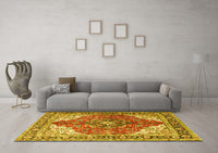 Machine Washable Medallion Yellow Traditional Rug, wshtr4535yw