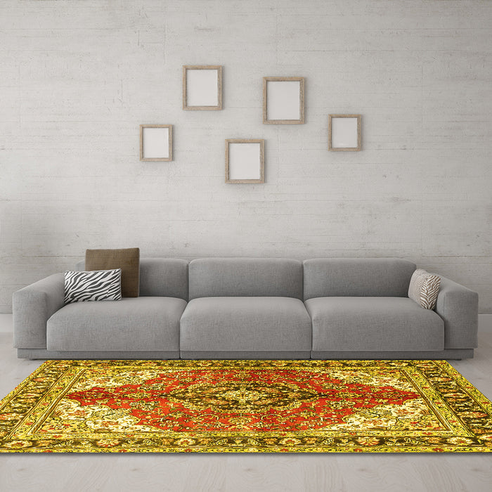 Machine Washable Medallion Yellow Traditional Rug in a Living Room, wshtr4535yw