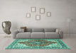 Machine Washable Medallion Turquoise Traditional Area Rugs in a Living Room,, wshtr4535turq