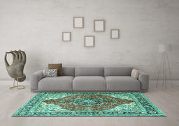 Machine Washable Medallion Turquoise Traditional Area Rugs in a Living Room,, wshtr4535turq
