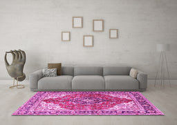 Machine Washable Medallion Pink Traditional Rug in a Living Room, wshtr4535pnk