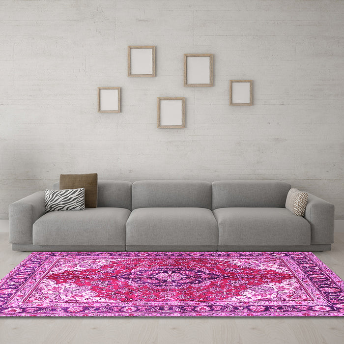 Machine Washable Medallion Pink Traditional Rug in a Living Room, wshtr4535pnk