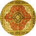 Round Machine Washable Medallion Yellow Traditional Rug, wshtr4535yw