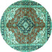 Round Machine Washable Medallion Turquoise Traditional Area Rugs, wshtr4535turq