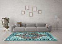 Machine Washable Medallion Light Blue Traditional Rug, wshtr4535lblu