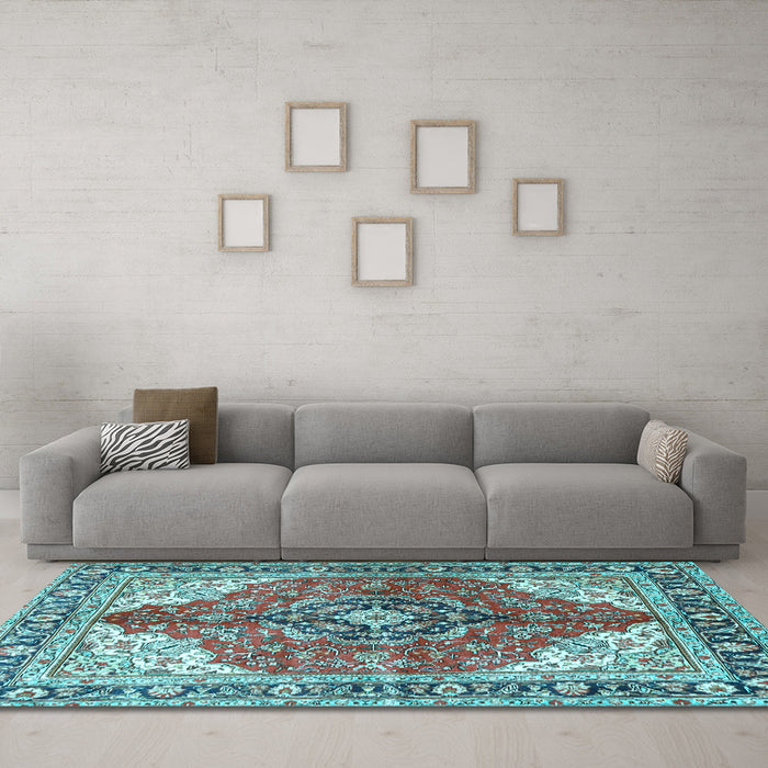 Machine Washable Medallion Light Blue Traditional Rug in a Living Room, wshtr4535lblu