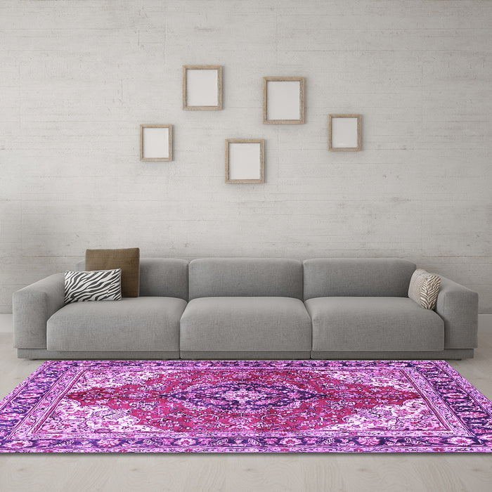 Machine Washable Medallion Purple Traditional Area Rugs in a Living Room, wshtr4535pur