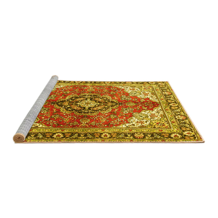 Sideview of Machine Washable Medallion Yellow Traditional Rug, wshtr4535yw