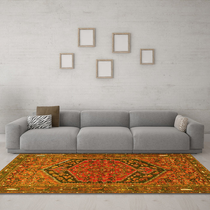 Machine Washable Persian Yellow Traditional Rug in a Living Room, wshtr4536yw
