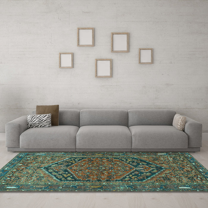 Machine Washable Persian Turquoise Traditional Area Rugs in a Living Room,, wshtr4536turq