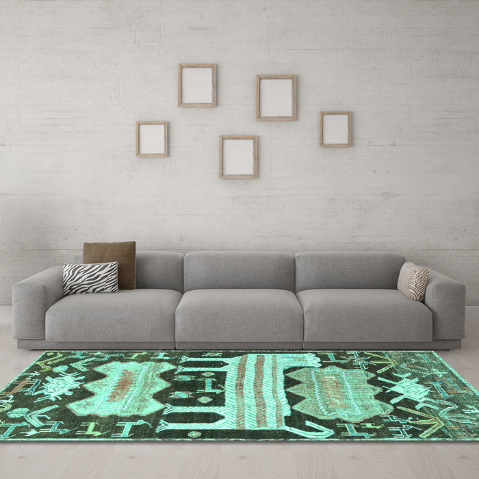 Machine Washable Persian Turquoise Traditional Area Rugs in a Living Room,, wshtr4538turq
