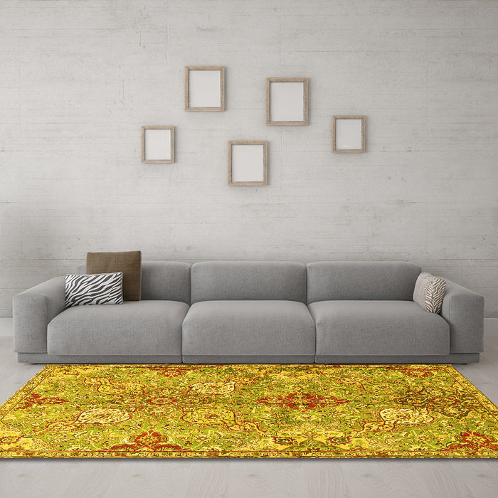 Machine Washable Persian Yellow Traditional Rug in a Living Room, wshtr4539yw