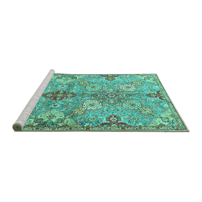 Sideview of Machine Washable Persian Turquoise Traditional Area Rugs, wshtr4539turq