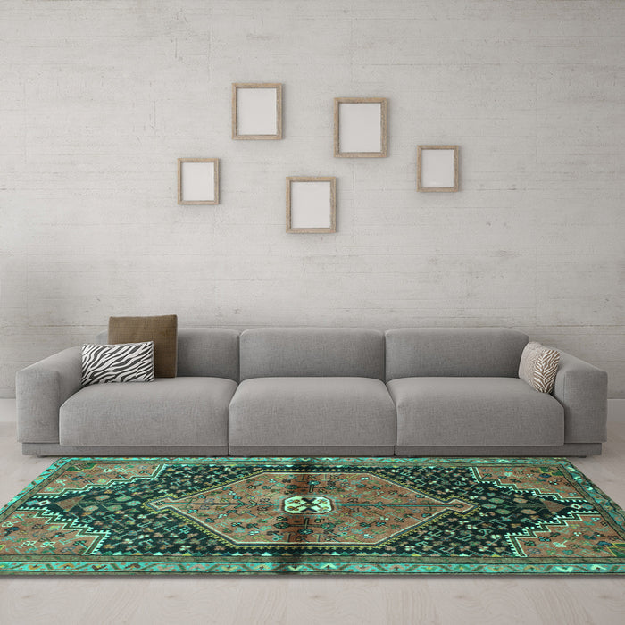Machine Washable Persian Turquoise Traditional Area Rugs in a Living Room,, wshtr453turq