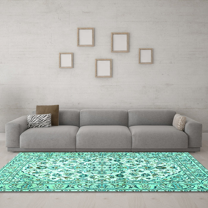 Machine Washable Persian Turquoise Traditional Area Rugs in a Living Room,, wshtr4540turq