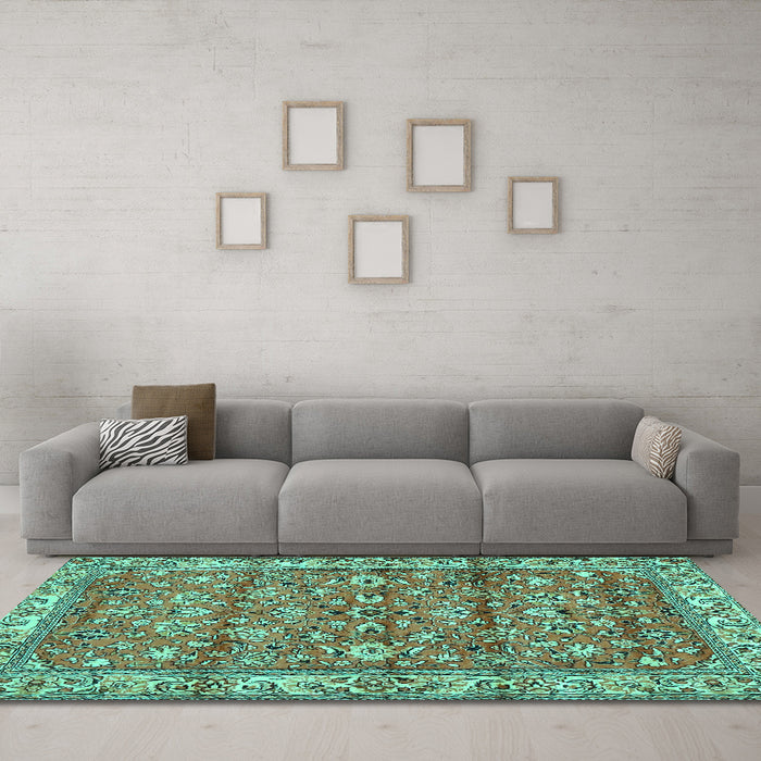 Machine Washable Persian Turquoise Traditional Area Rugs in a Living Room,, wshtr4541turq