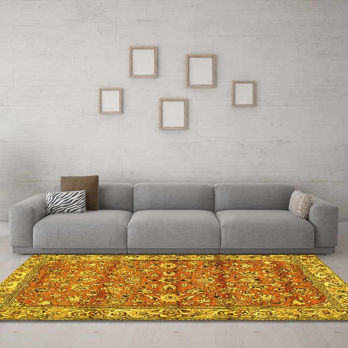 Machine Washable Persian Yellow Traditional Rug in a Living Room, wshtr4541yw