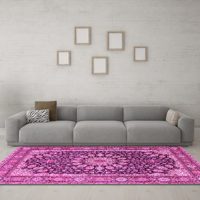 Machine Washable Medallion Pink Traditional Rug in a Living Room, wshtr4544pnk
