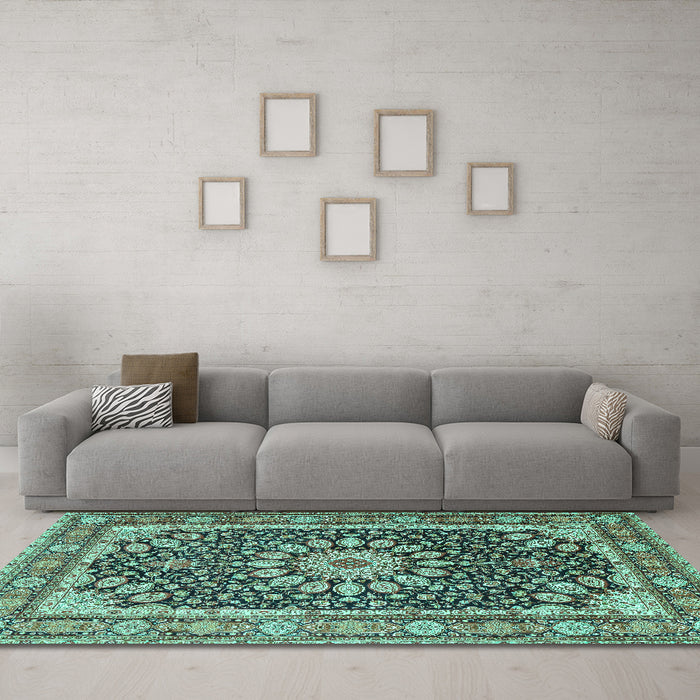 Machine Washable Medallion Turquoise Traditional Area Rugs in a Living Room,, wshtr4544turq