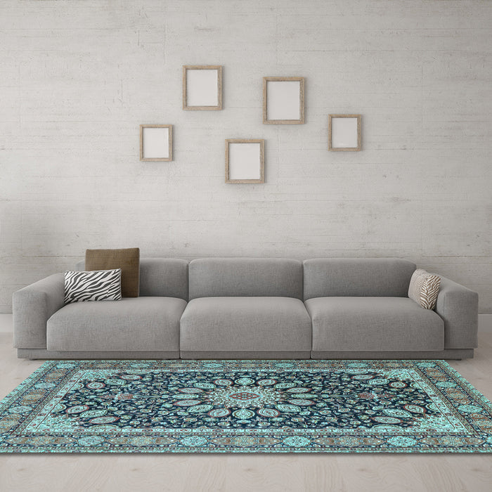 Machine Washable Medallion Light Blue Traditional Rug in a Living Room, wshtr4544lblu