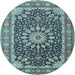 Round Machine Washable Medallion Light Blue Traditional Rug, wshtr4544lblu