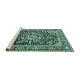 Sideview of Machine Washable Medallion Turquoise Traditional Area Rugs, wshtr4544turq