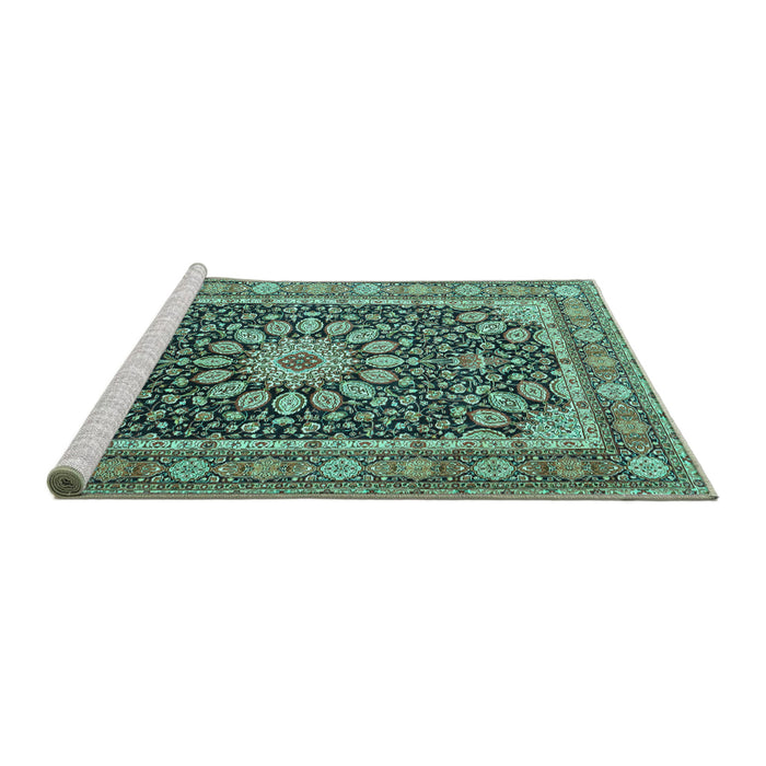Sideview of Machine Washable Medallion Turquoise Traditional Area Rugs, wshtr4544turq