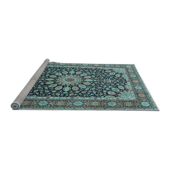 Sideview of Machine Washable Medallion Light Blue Traditional Rug, wshtr4544lblu