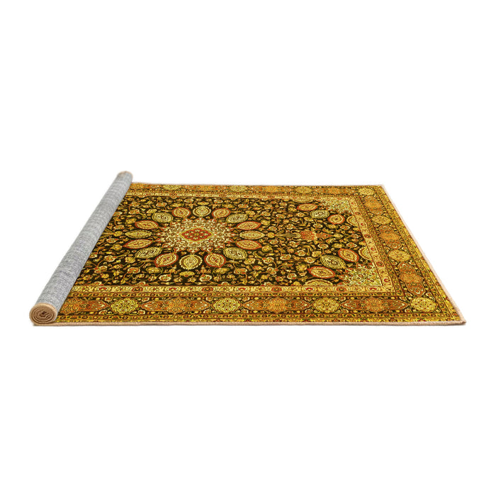 Sideview of Machine Washable Medallion Yellow Traditional Rug, wshtr4544yw