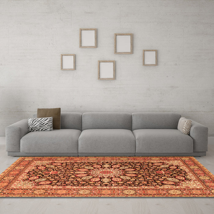 Machine Washable Medallion Orange Traditional Area Rugs in a Living Room, wshtr4544org