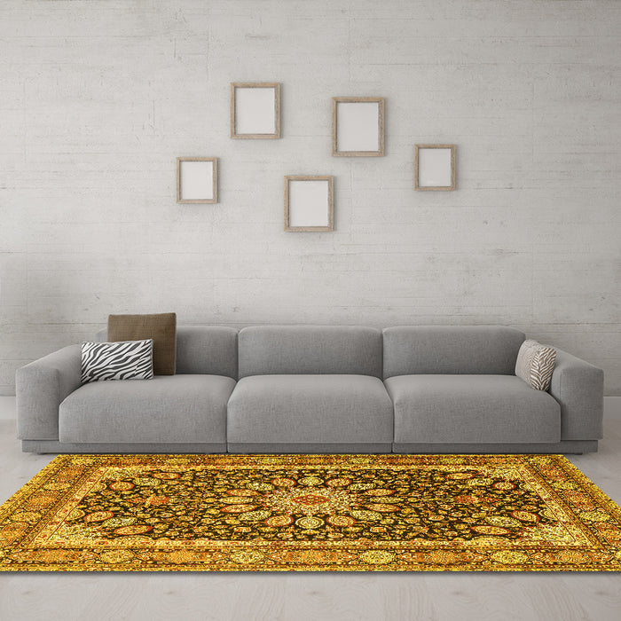 Machine Washable Medallion Yellow Traditional Rug in a Living Room, wshtr4544yw